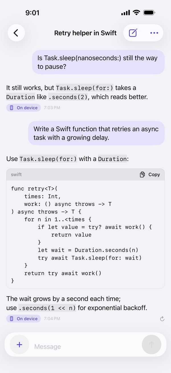 A Swift function in a code block with a Copy button