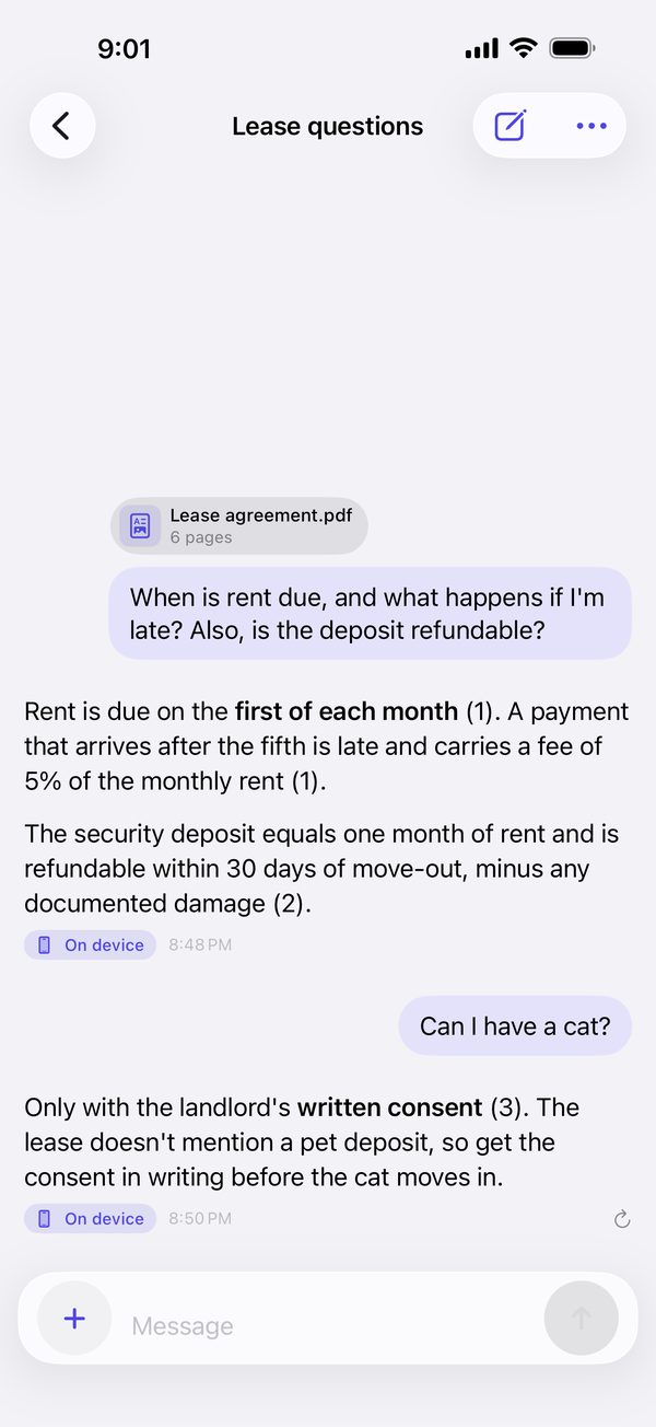 Questions about a lease agreement PDF, answered with numbered citations