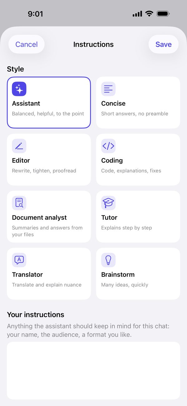 Instruction presets: Assistant, Concise, Editor, Coding, Document analyst, Tutor, Translator, Brainstorm