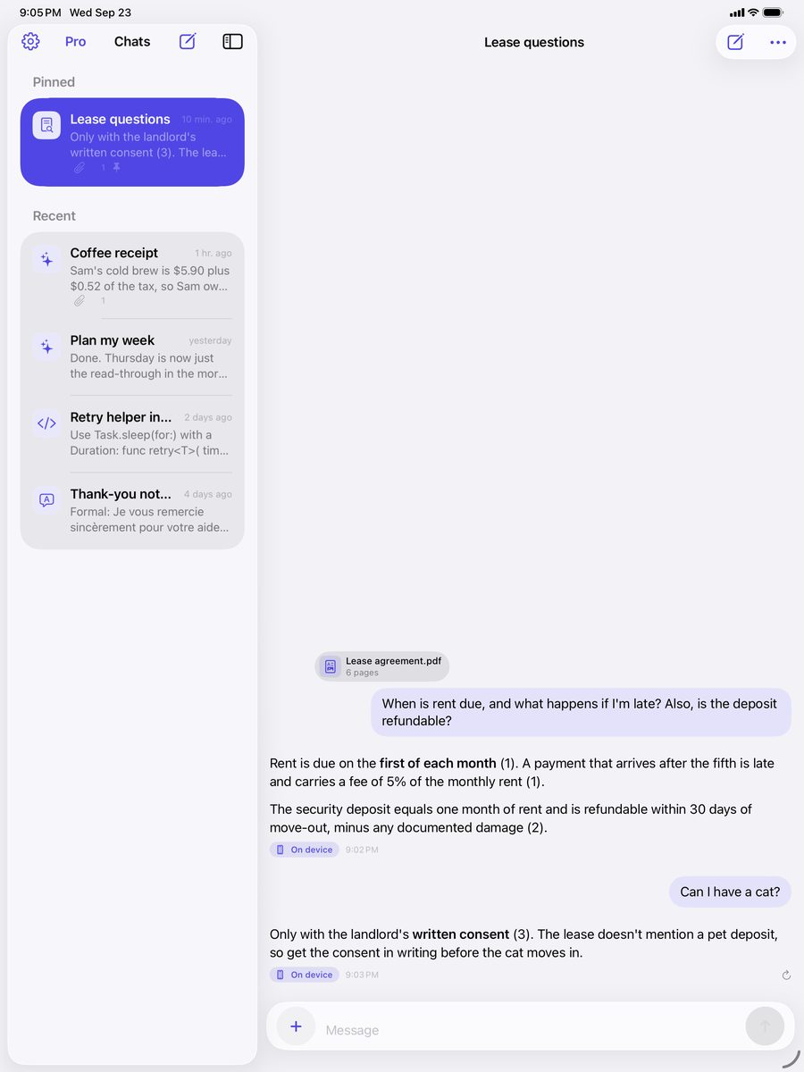 Secure AI on iPad: the chat list beside a chat about a lease