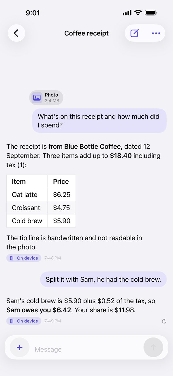A coffee receipt read from a photo, with the items in a table and the bill split